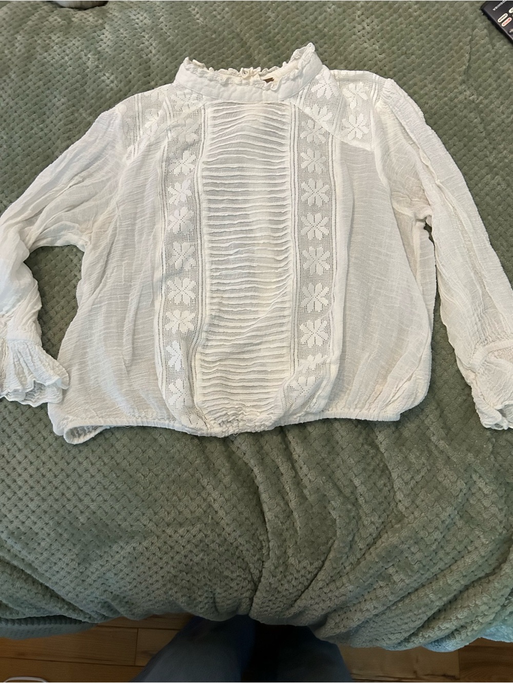 Free People Cream Lace & Pintuck Ruffle-Neck Blouse